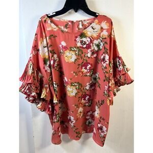 EST. 1946 Coral Floral Pleated Tiered Bell Sleeve Blouse Top Plus Size 14/16W